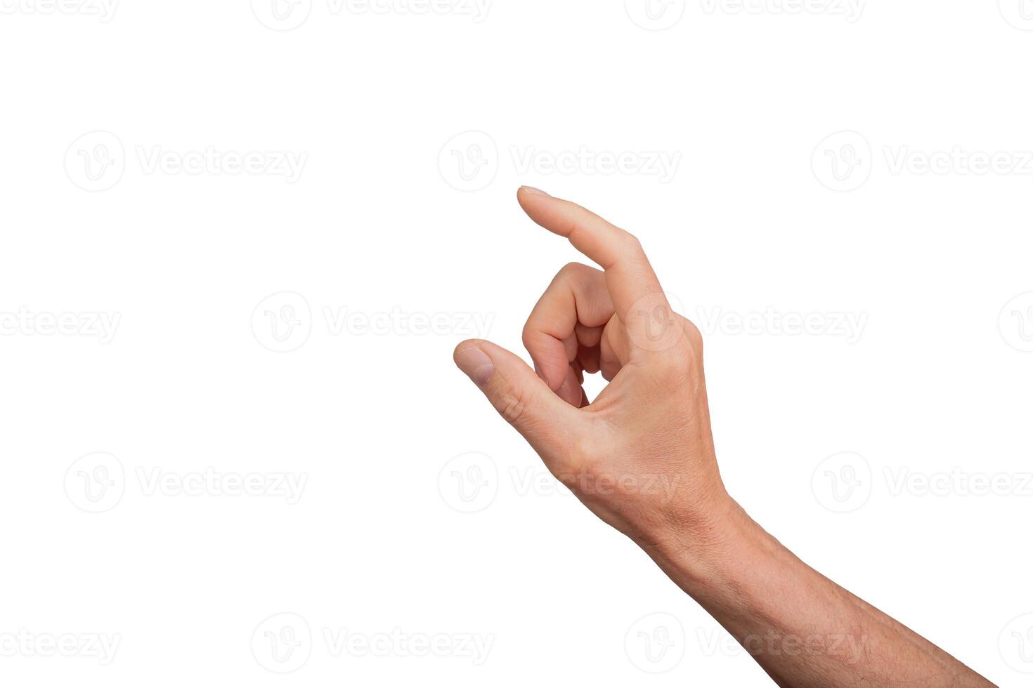 Hand showing a small measurement using thumb and index finger, isolated on white background. Gesture photo