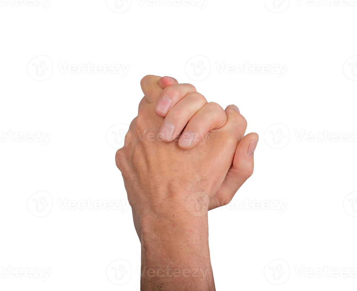 Two clasped hands with interlocked fingers, symbolizing unity and support. Isolated on white photo