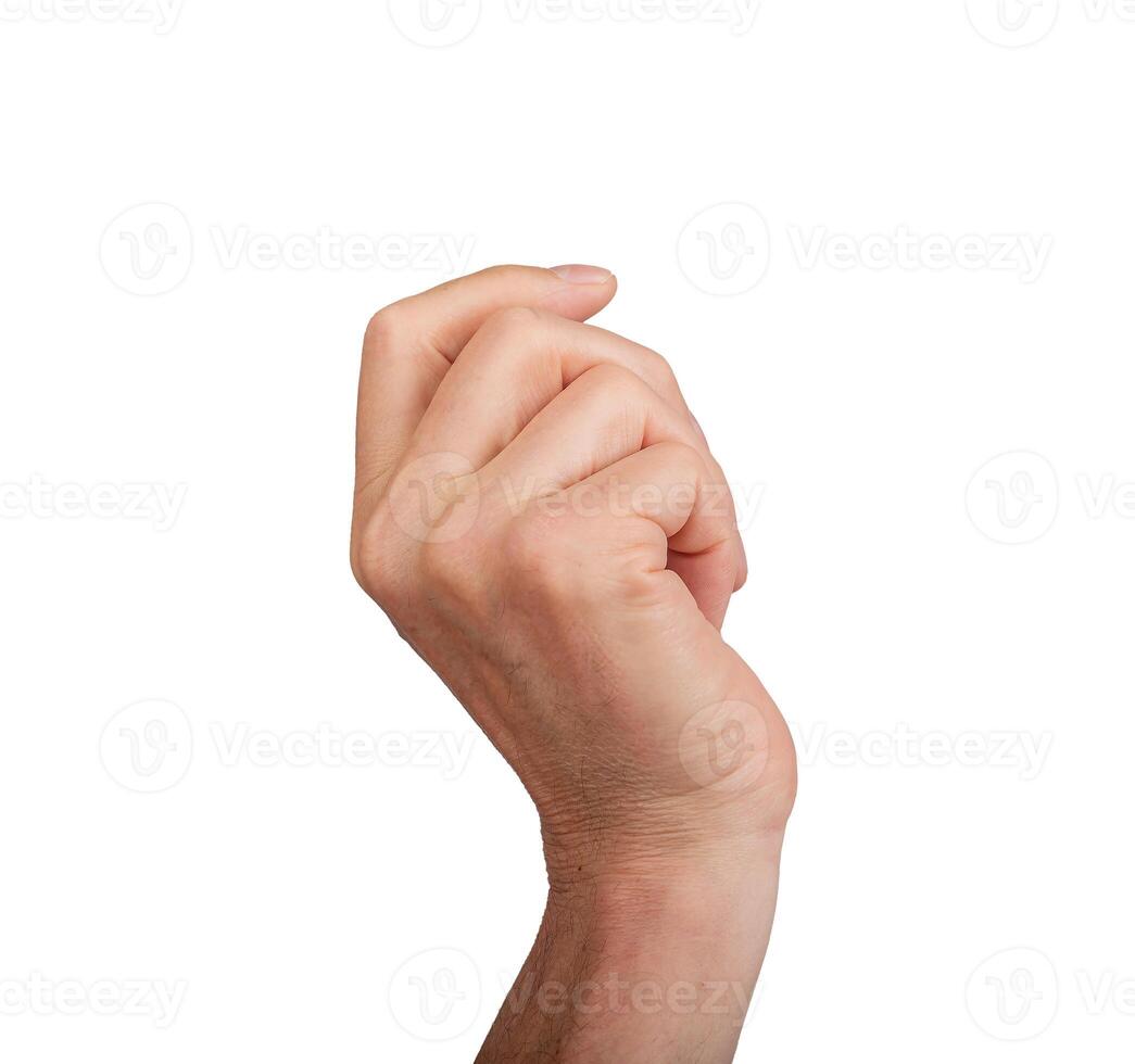 Hand holding something, partially curled into a fist, isolated on white background. Gesture photo