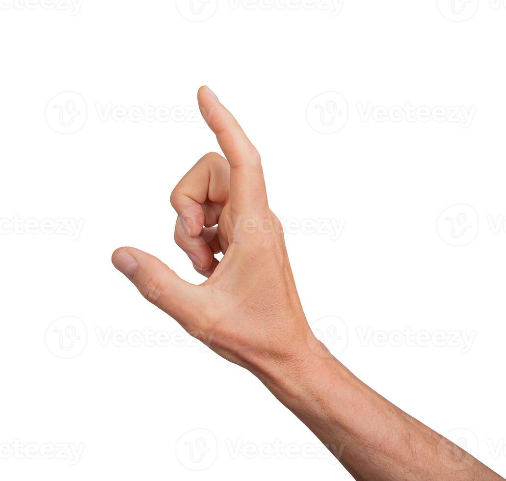 Hand showing a large measurement using thumb and index finger, isolated on white background. Gesture photo