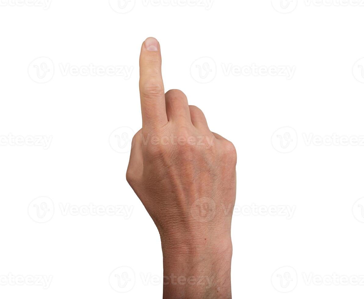 Hand pointing up with index finger, isolated on a white background. Ideal for concepts of touch, photo