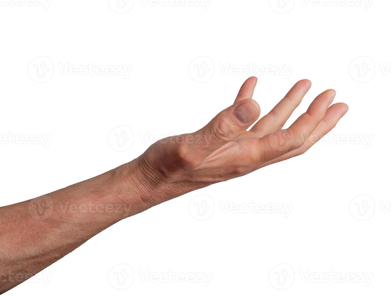 Open palm hand holding or giving something, isolated on white background. Gesture indicating photo