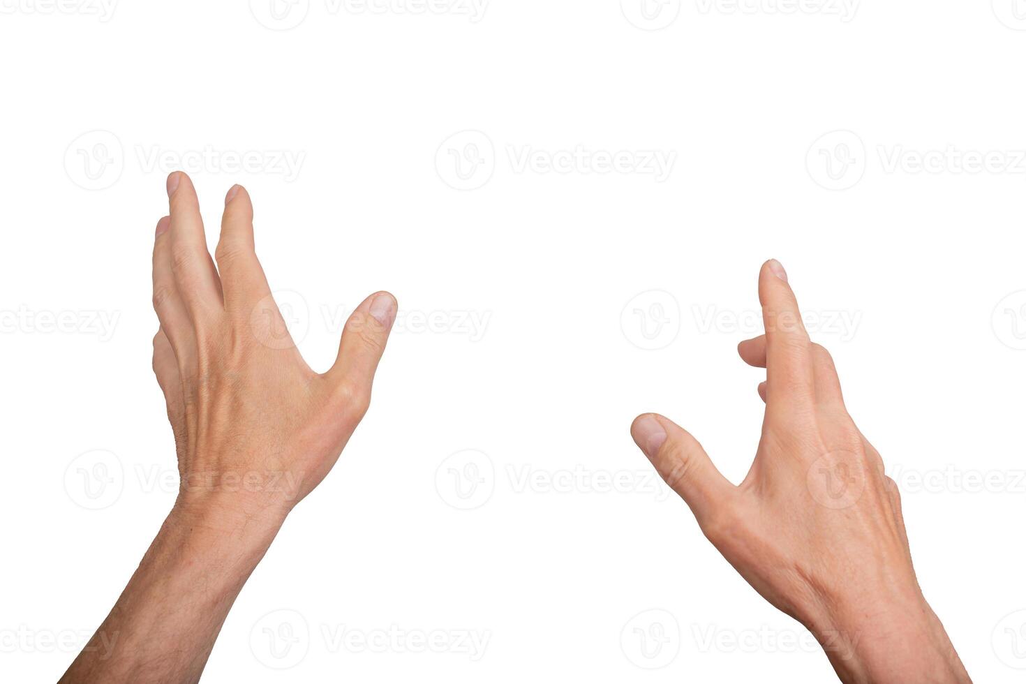 Hand reaching out, point of view POV perspective, isolated on white background. Gesture indicating photo