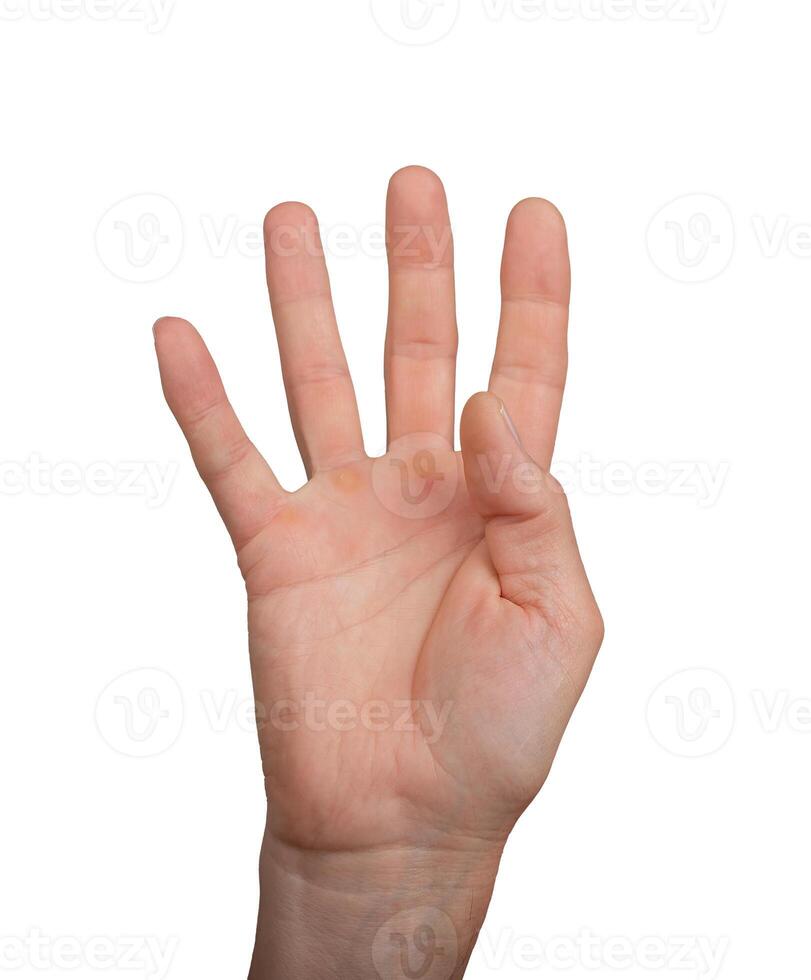 Hand showing four fingers, isolated on white background. Male hand in a gesture of counting or photo