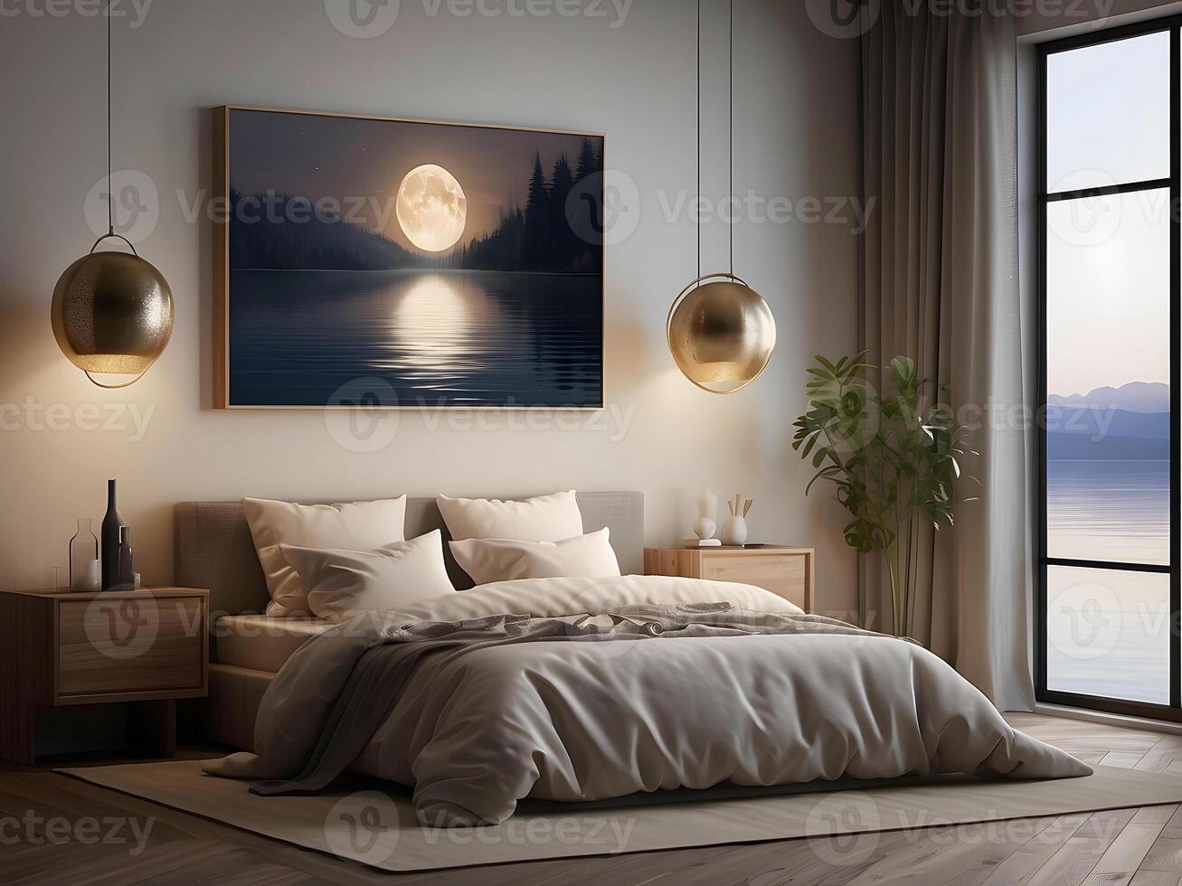 A serene bedroom with an empty canvas frame, illuminated by the soft glow of a magical orb, and surrounded by shimmering water design photo
