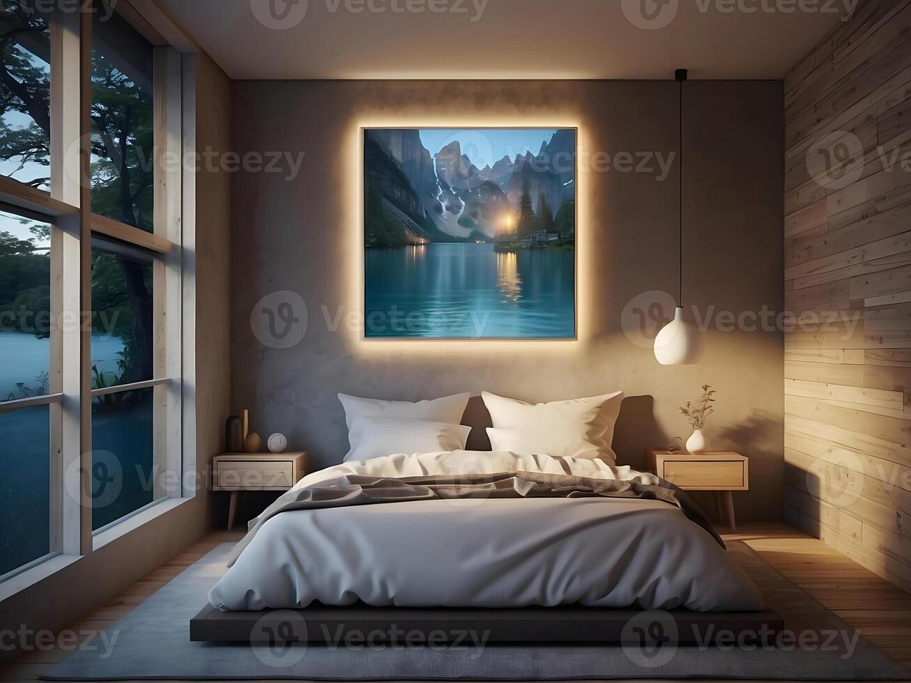 A serene bedroom with an empty canvas frame, illuminated by the soft glow of a magical orb, and surrounded by shimmering water design photo