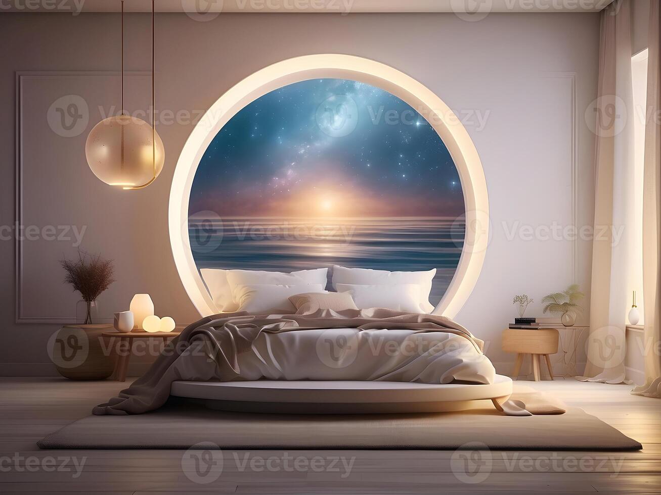 A serene bedroom with an empty canvas frame, illuminated by the soft glow of a magical orb, and surrounded by shimmering water design photo