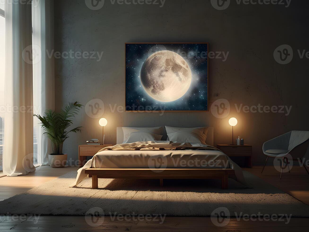 A serene bedroom with an empty canvas frame, illuminated by the soft glow of a magical orb, and surrounded by shimmering water design photo