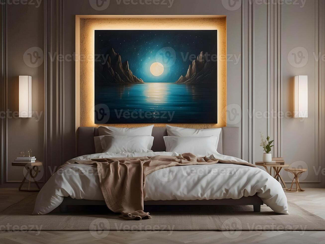 A serene bedroom with an empty canvas frame, illuminated by the soft glow of a magical orb, and surrounded by shimmering water design photo