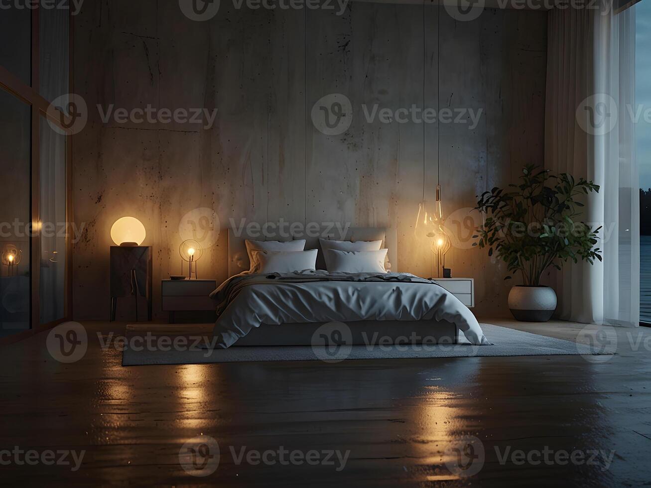 A serene bedroom with an empty canvas frame, illuminated by the soft glow of a magical orb, and surrounded by shimmering water design photo