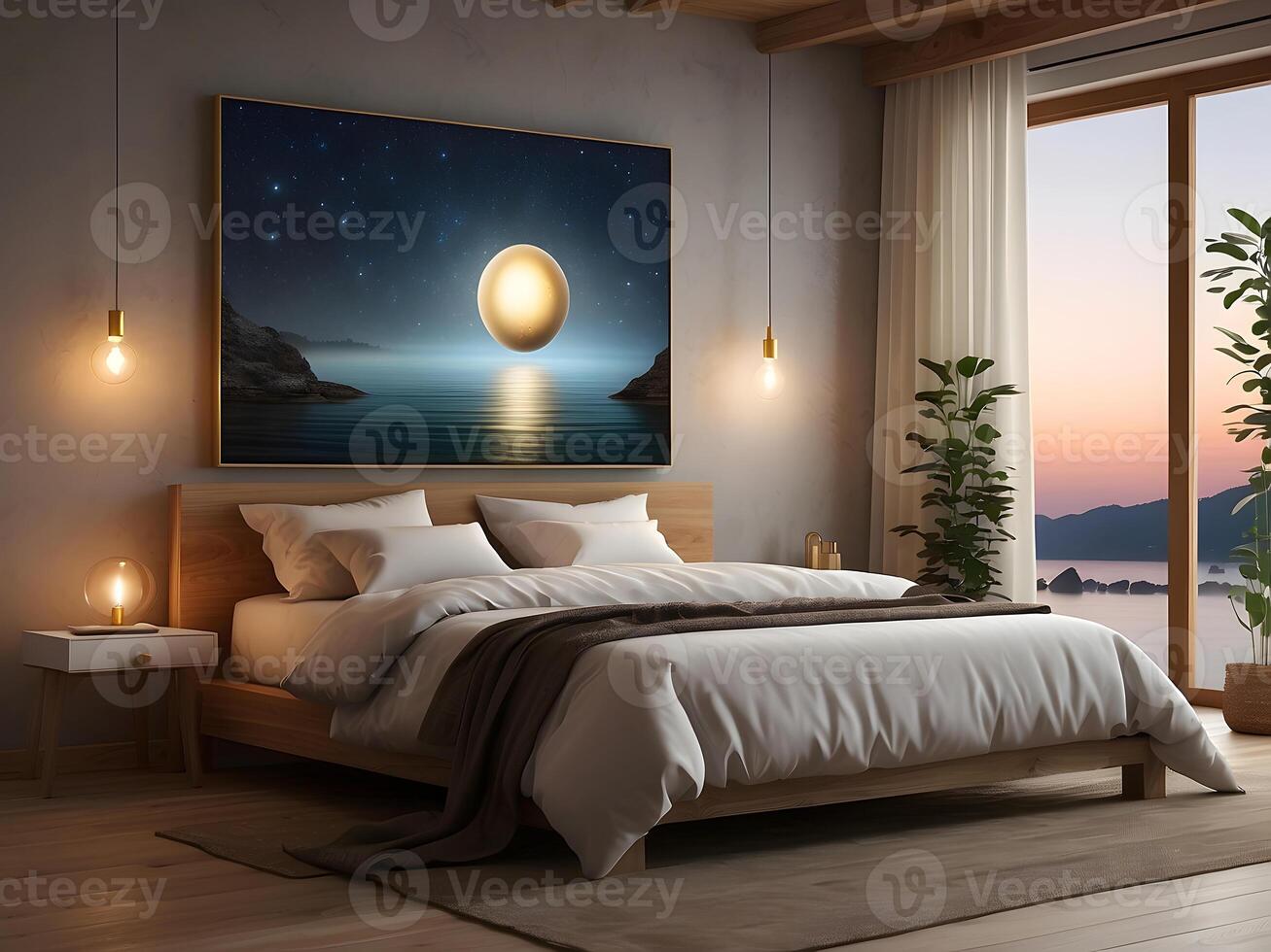 A serene bedroom with an empty canvas frame, illuminated by the soft glow of a magical orb, and surrounded by shimmering water design photo