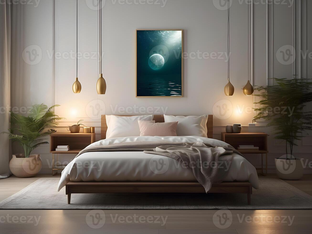 A serene bedroom with an empty canvas frame, illuminated by the soft glow of a magical orb, and surrounded by shimmering water design photo