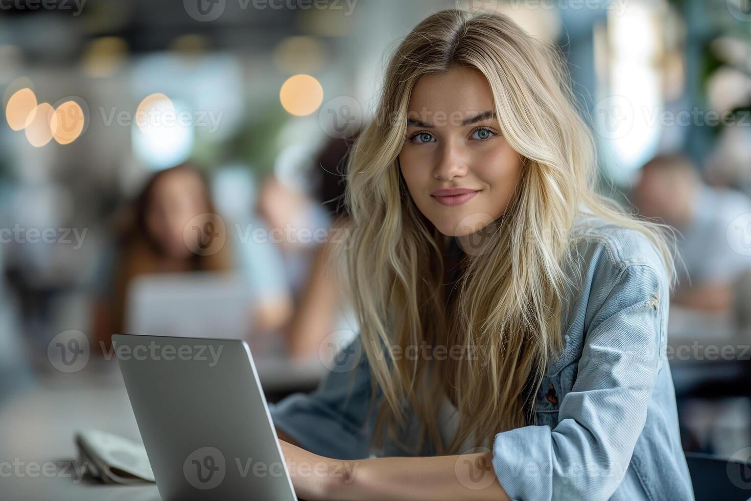 A young woman in a blue blouse is smiling while working on a laptop at an office desk photo