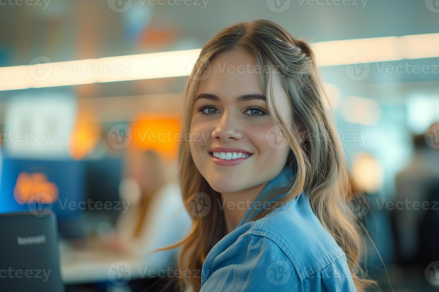 A young woman in a blue blouse is smiling while working on a laptop at an office desk photo