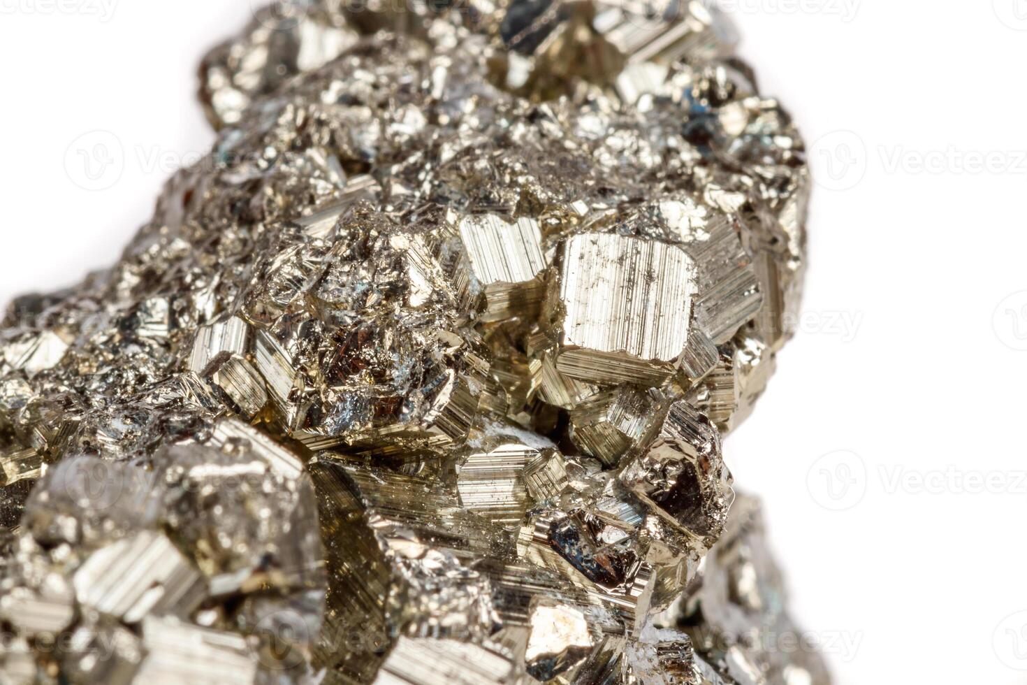 Macro mineral stone Pyrite gold on white background photo