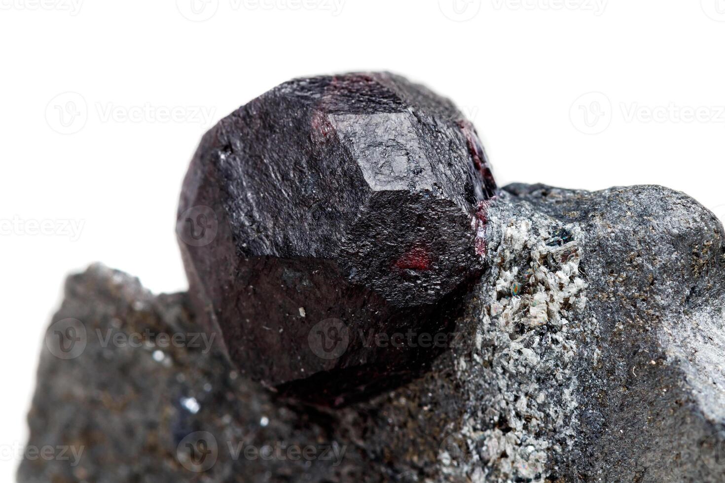 Macro mineral stone garnet in the rock on a white background photo