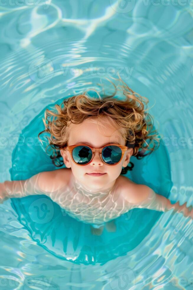 cute toddler in inflatable ring in a pool photo