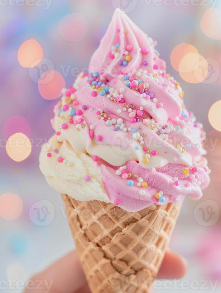 vanilla strawberry soft ice in a ice cream cone with finger part holding it photo