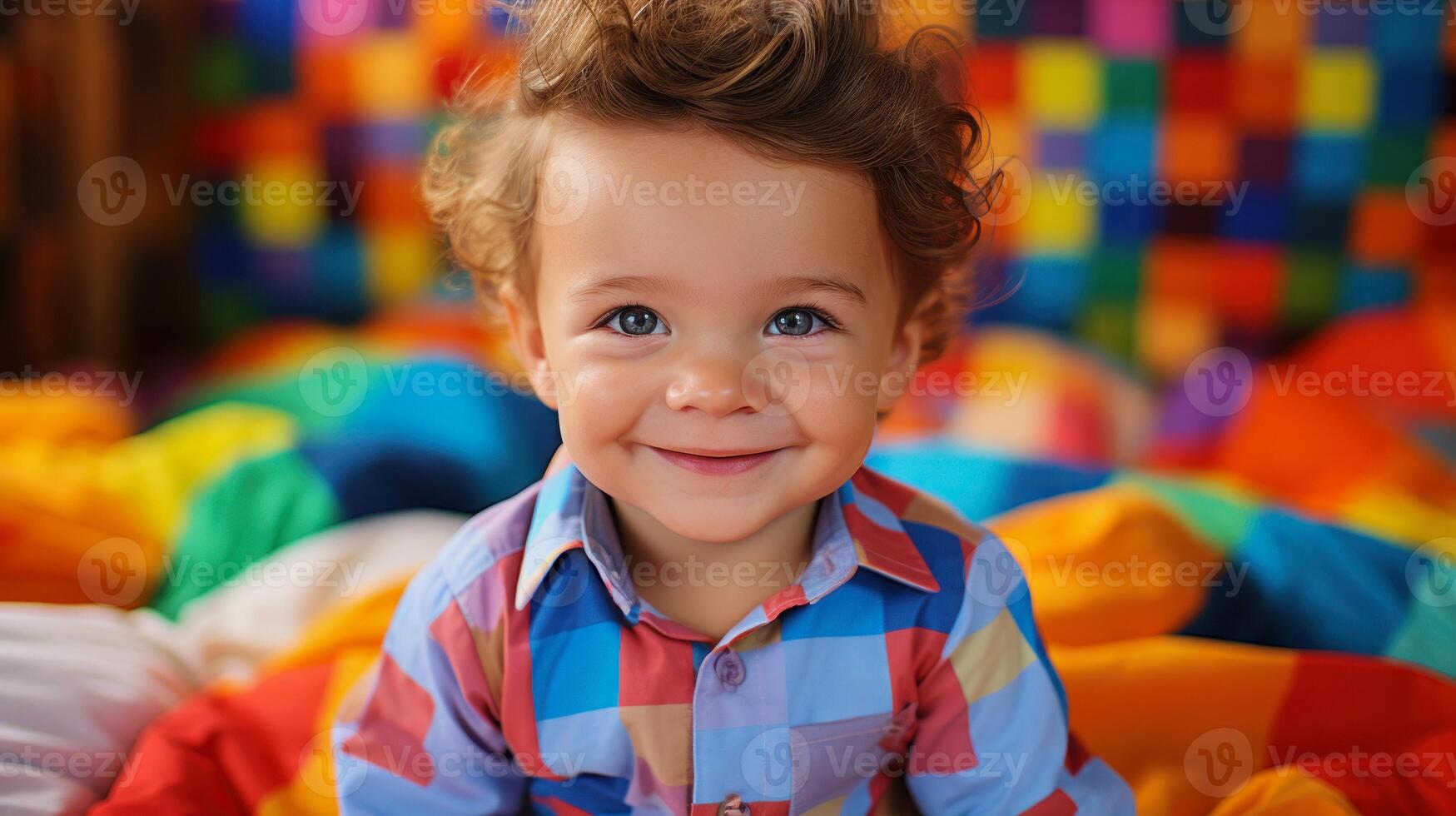 cute toddler looking into camera, rainbow colored background photo