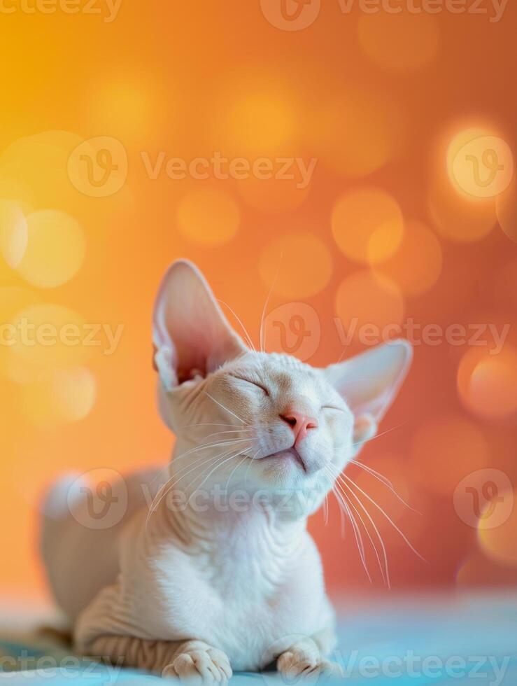 the cute relaxing sphynx cat against orange background photo
