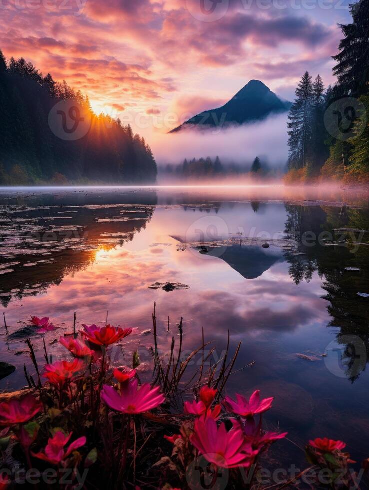 illustration of a stunning landscape of a serene mountain lake at sunrise photo