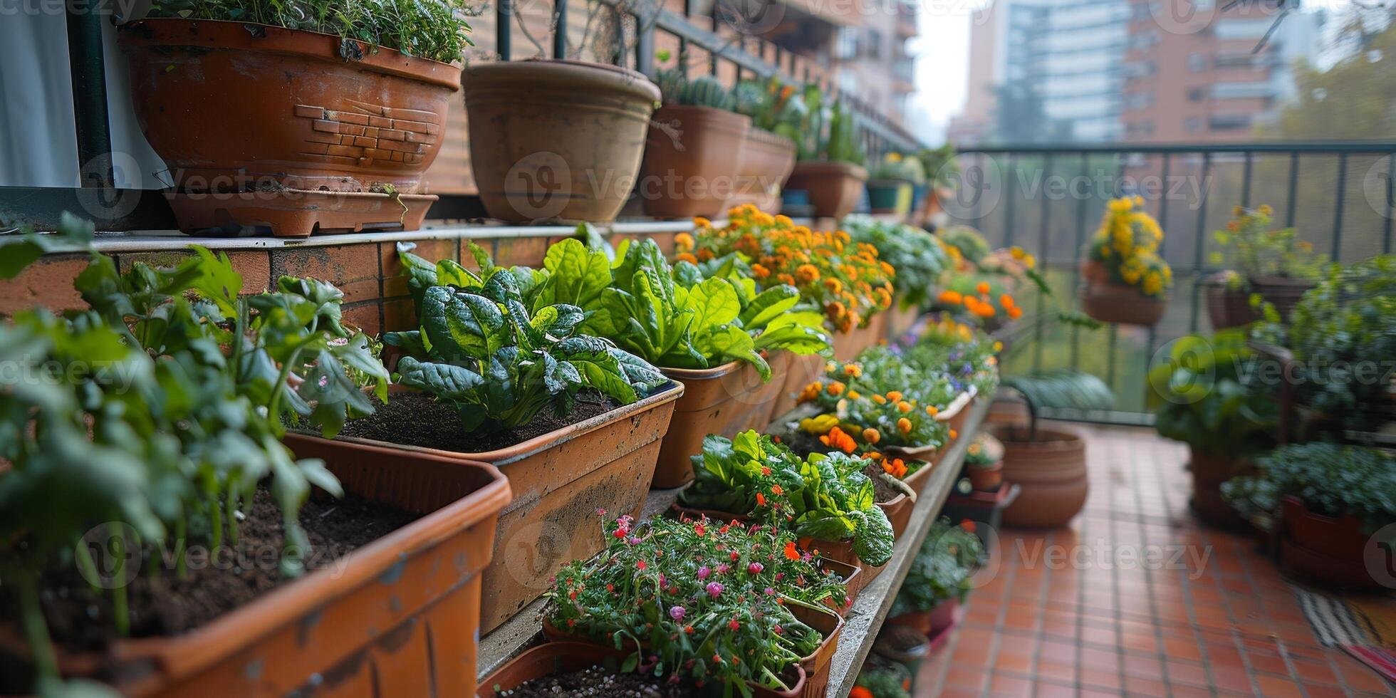 Urban Balcony Garden integrates nature with city living through greenery, flowers, and plants photo