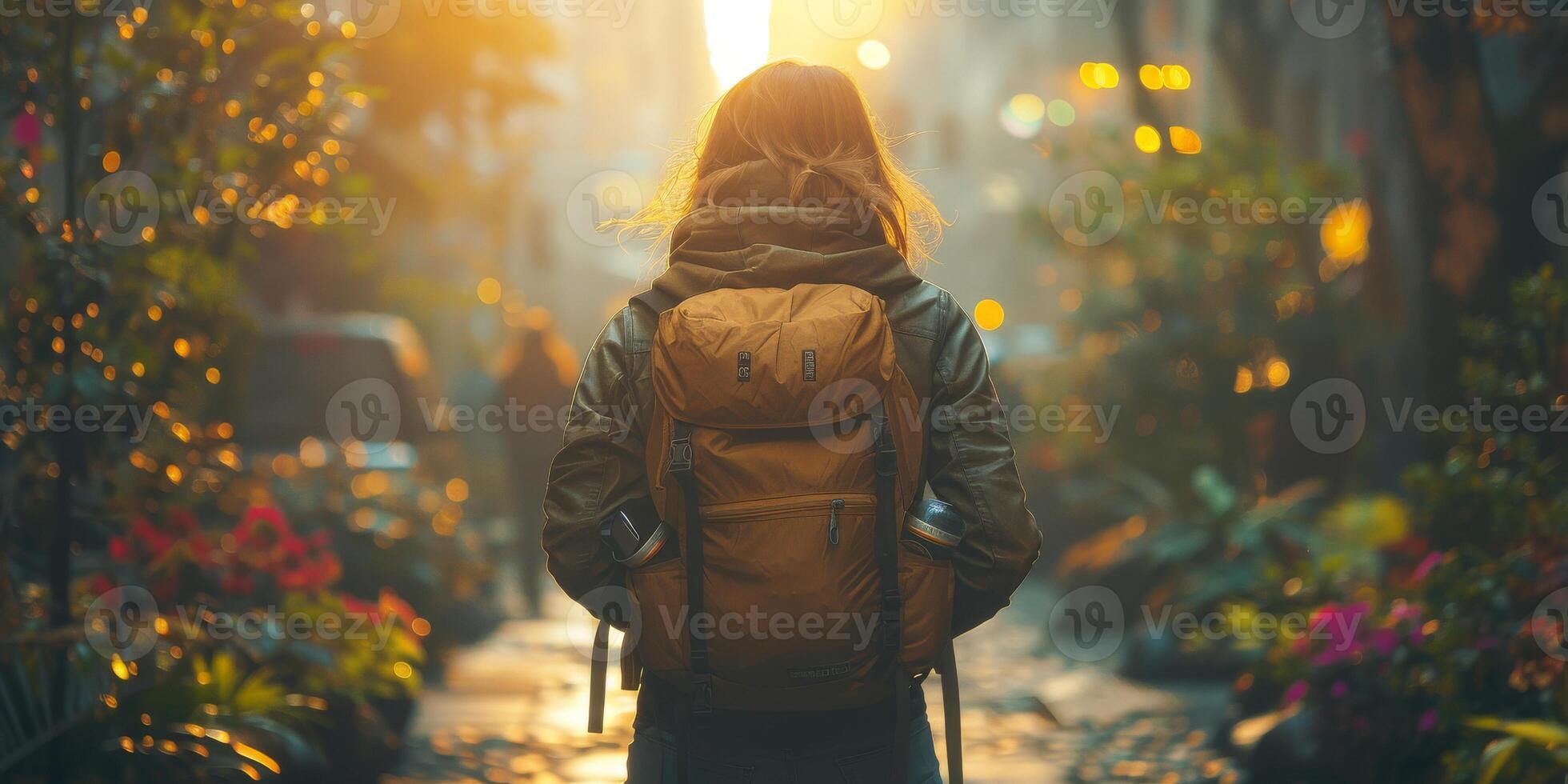 A woman with a backpack walking in nature in the morning photo