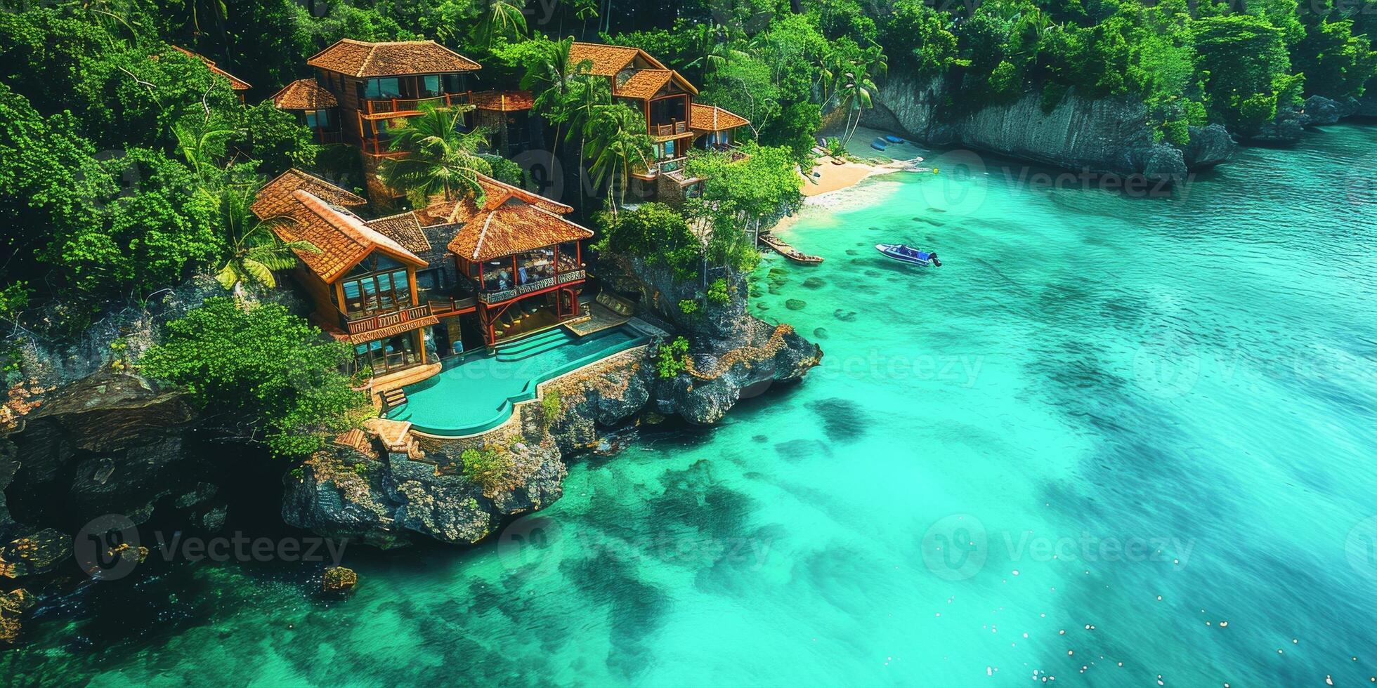 A house on a cliff overlooking water seen from above photo