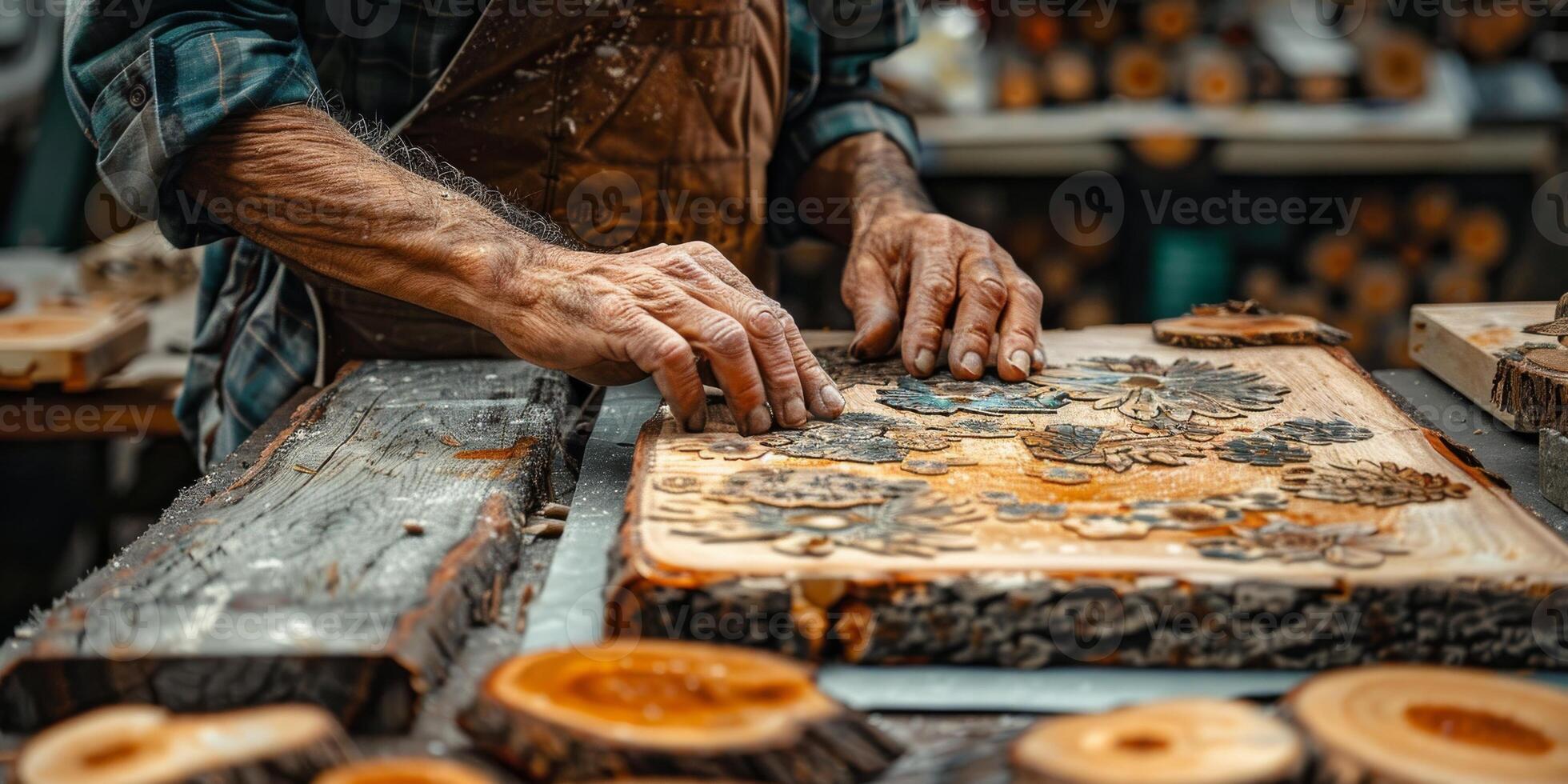 The man is using a saw to cut through a piece of wood photo