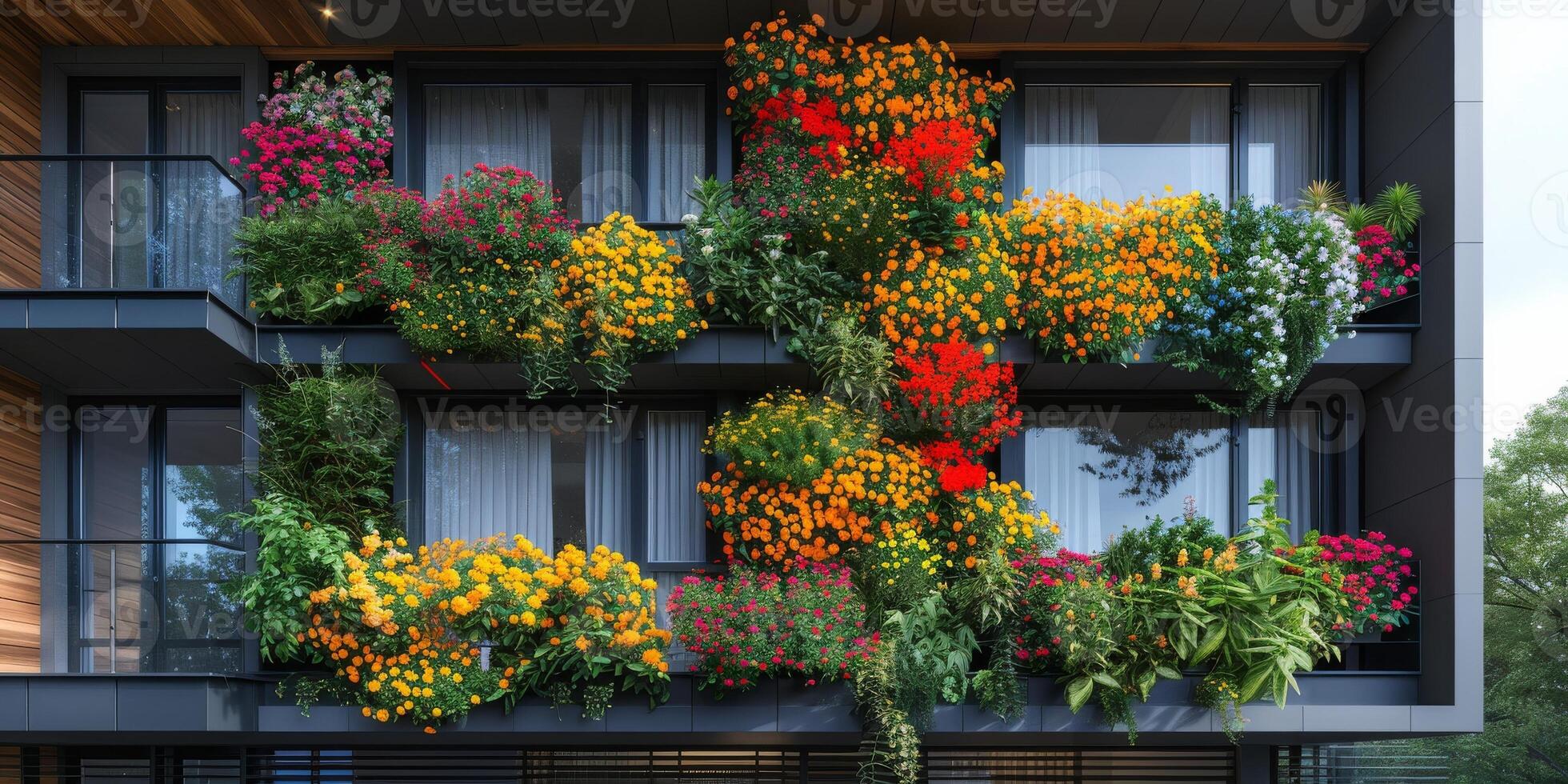 A building featuring a balcony adorned with a variety of flowers and plants photo
