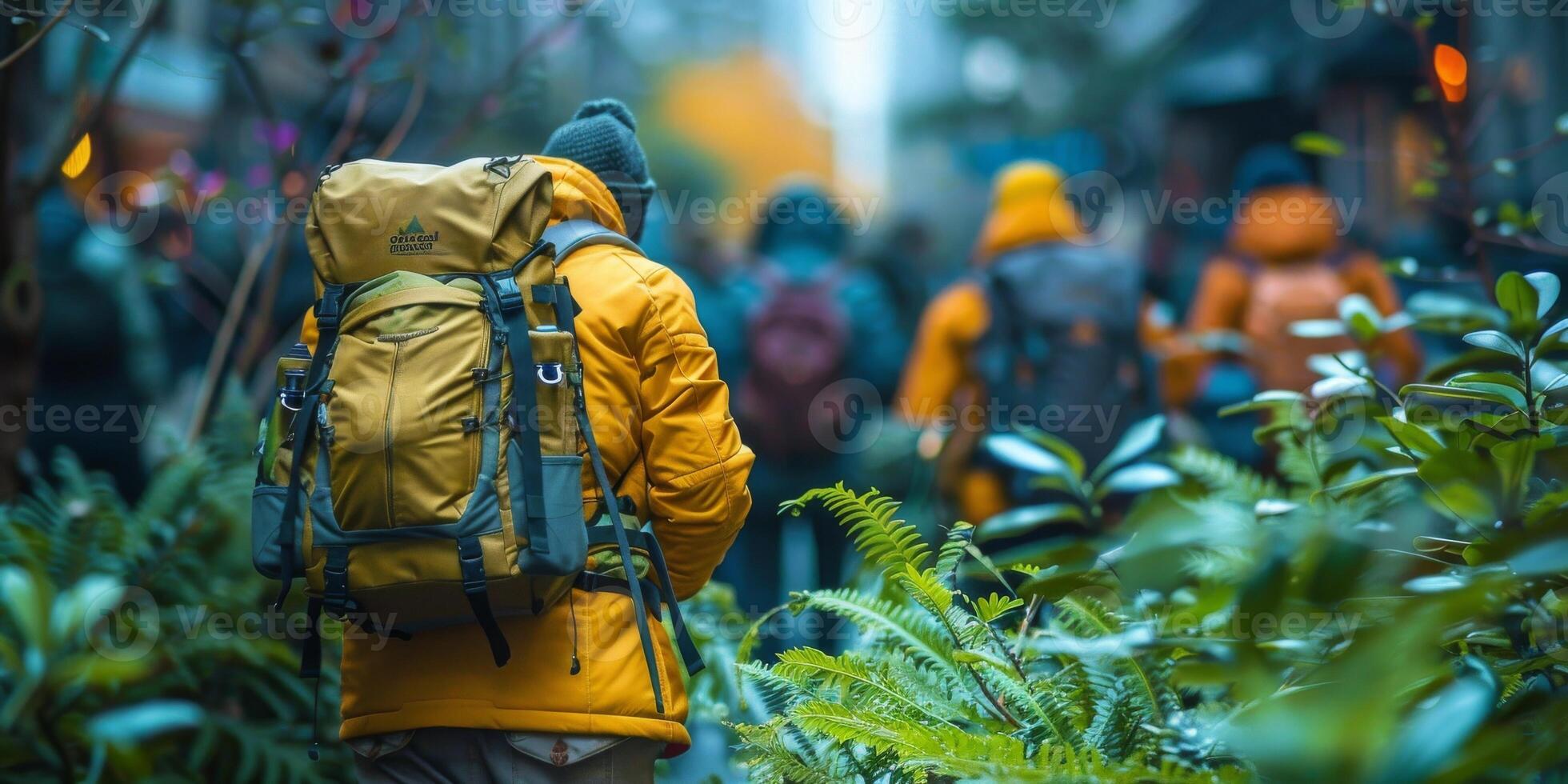 A man wearing a yellow backpack is hiking in a dense forest during the day photo