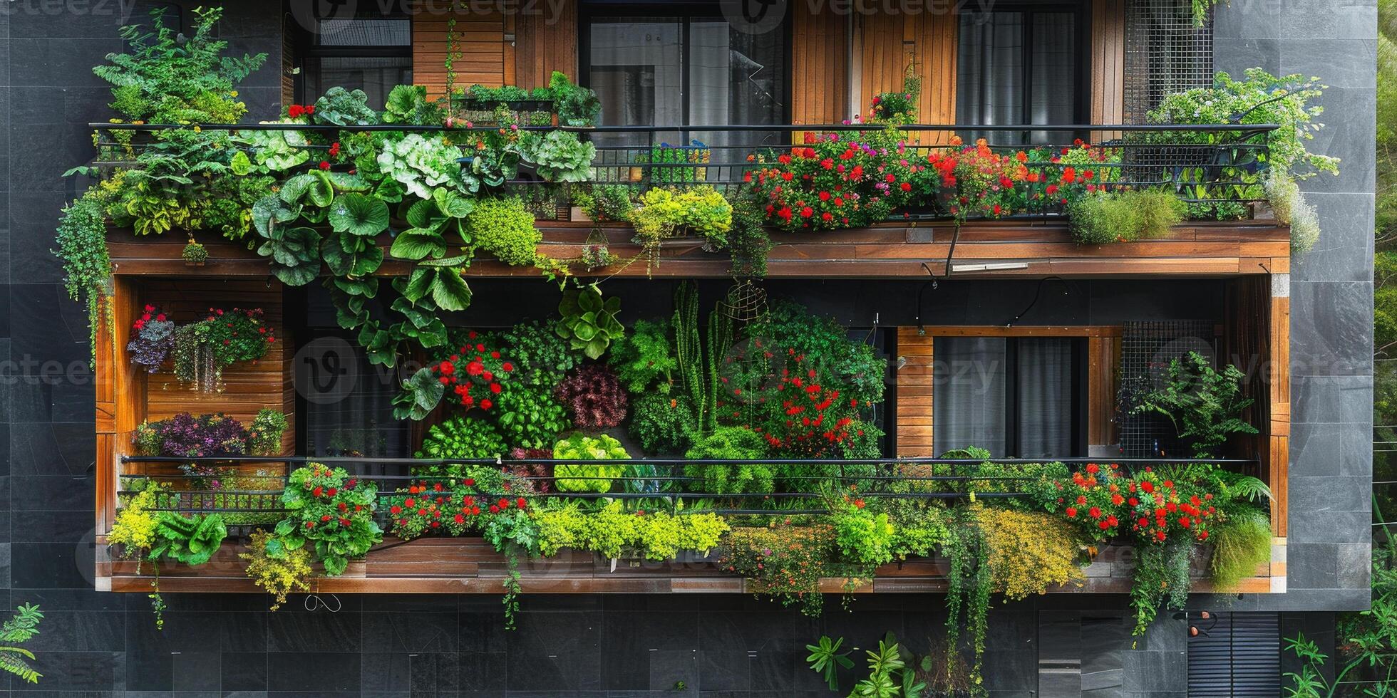A balcony with plants and flowers, creating a beautiful display photo