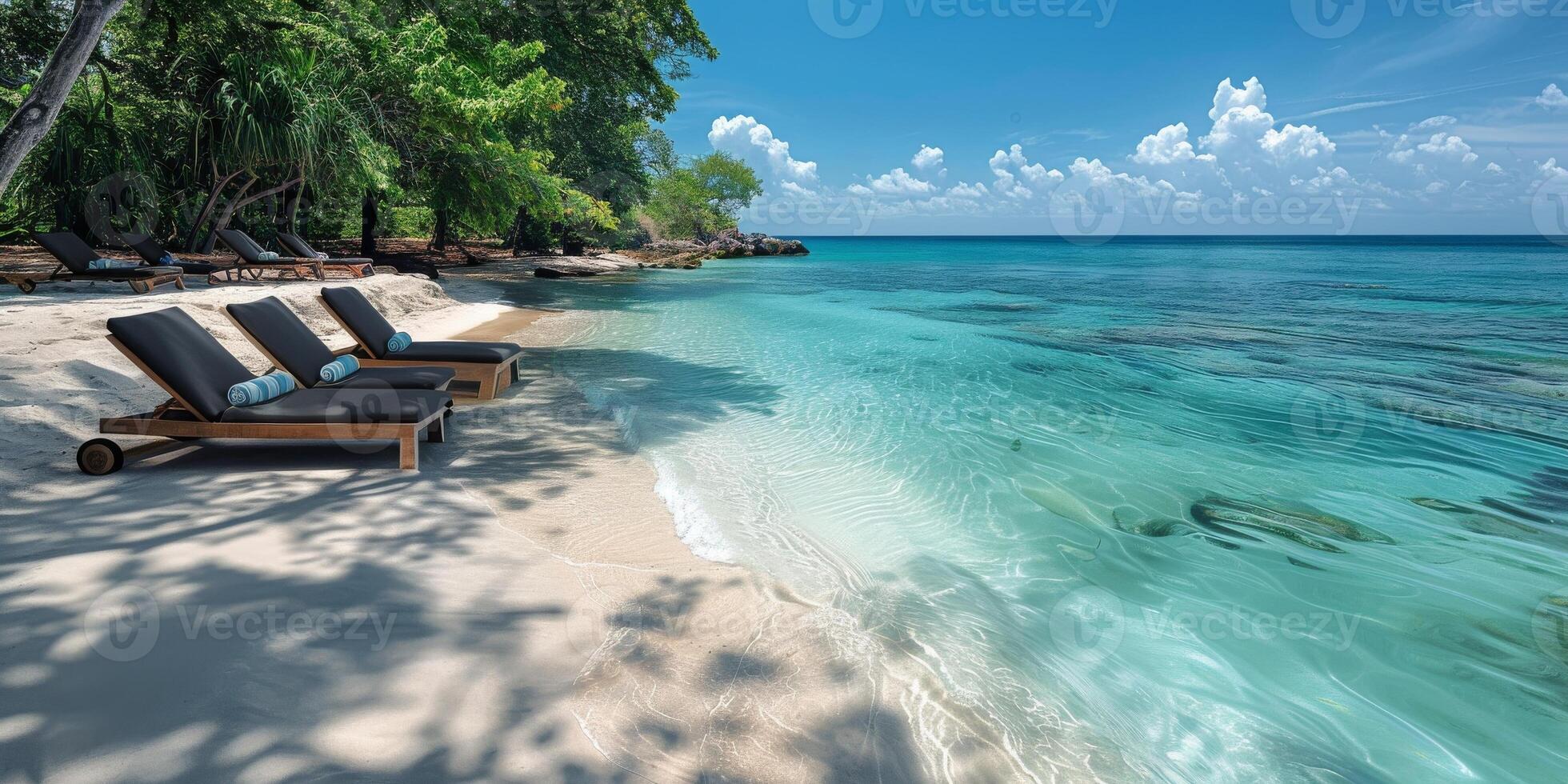 Lounge chairs on a sandy beach by the ocean under a clear sky with fluffy clouds photo