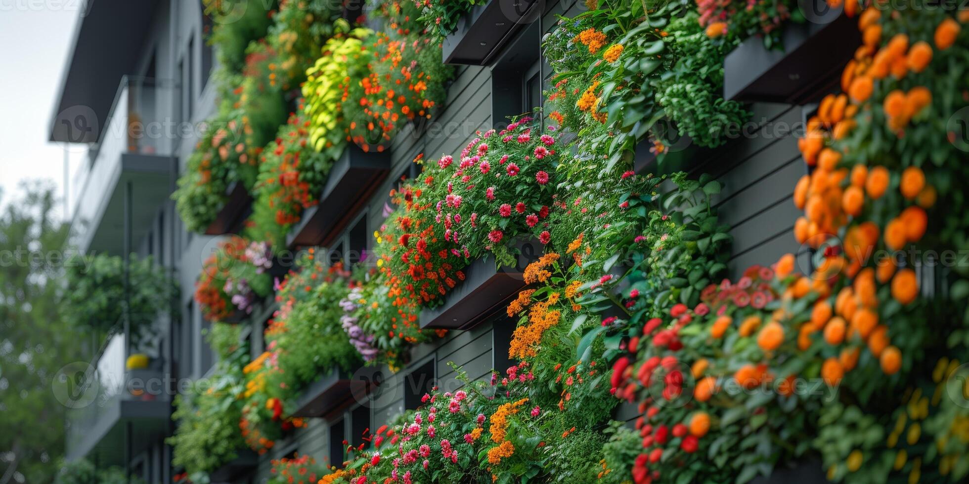 On the side of a building, there are many flowers photo