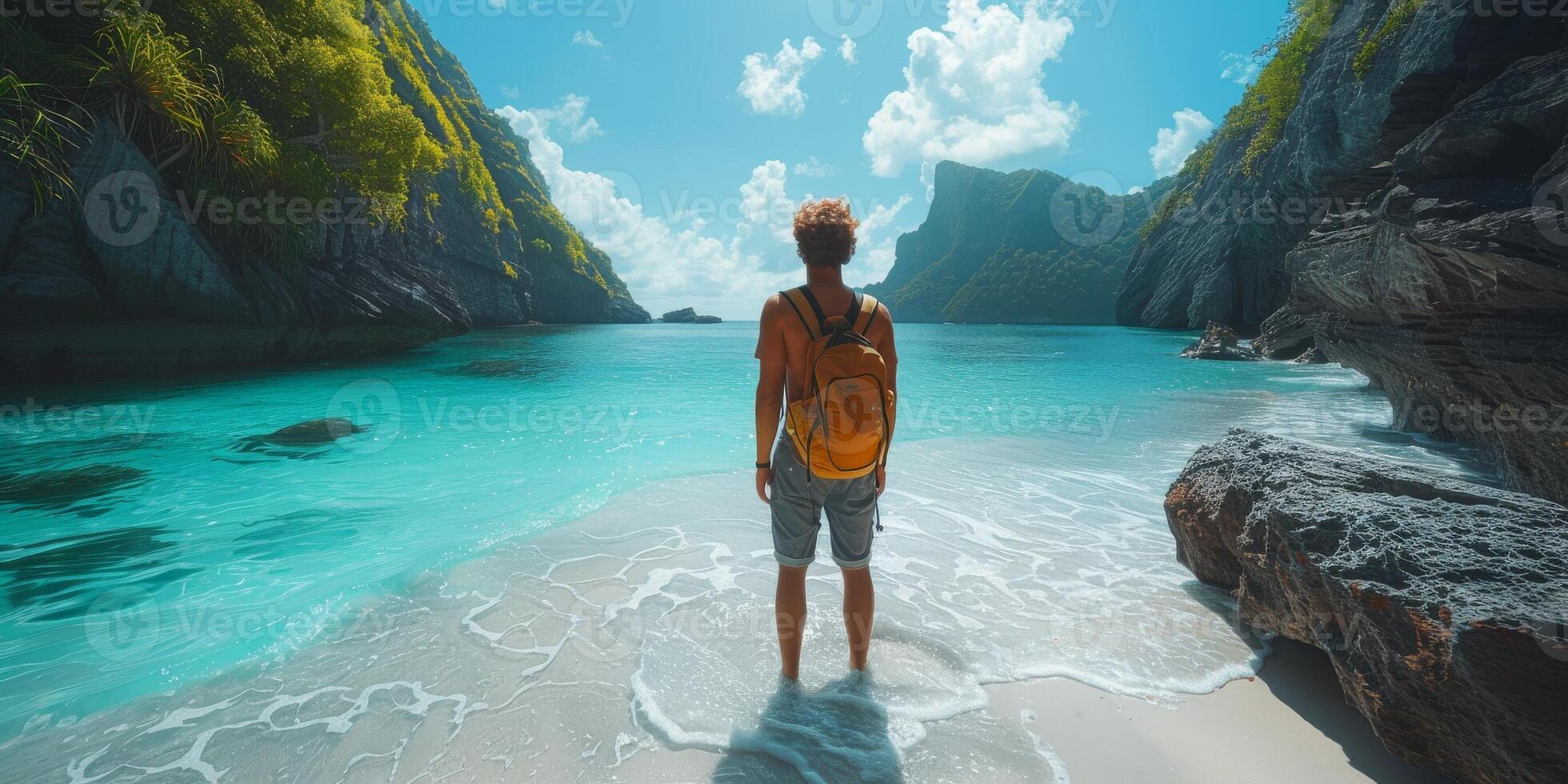 A man with a backpack is standing on the beach, gazing at the ocean photo