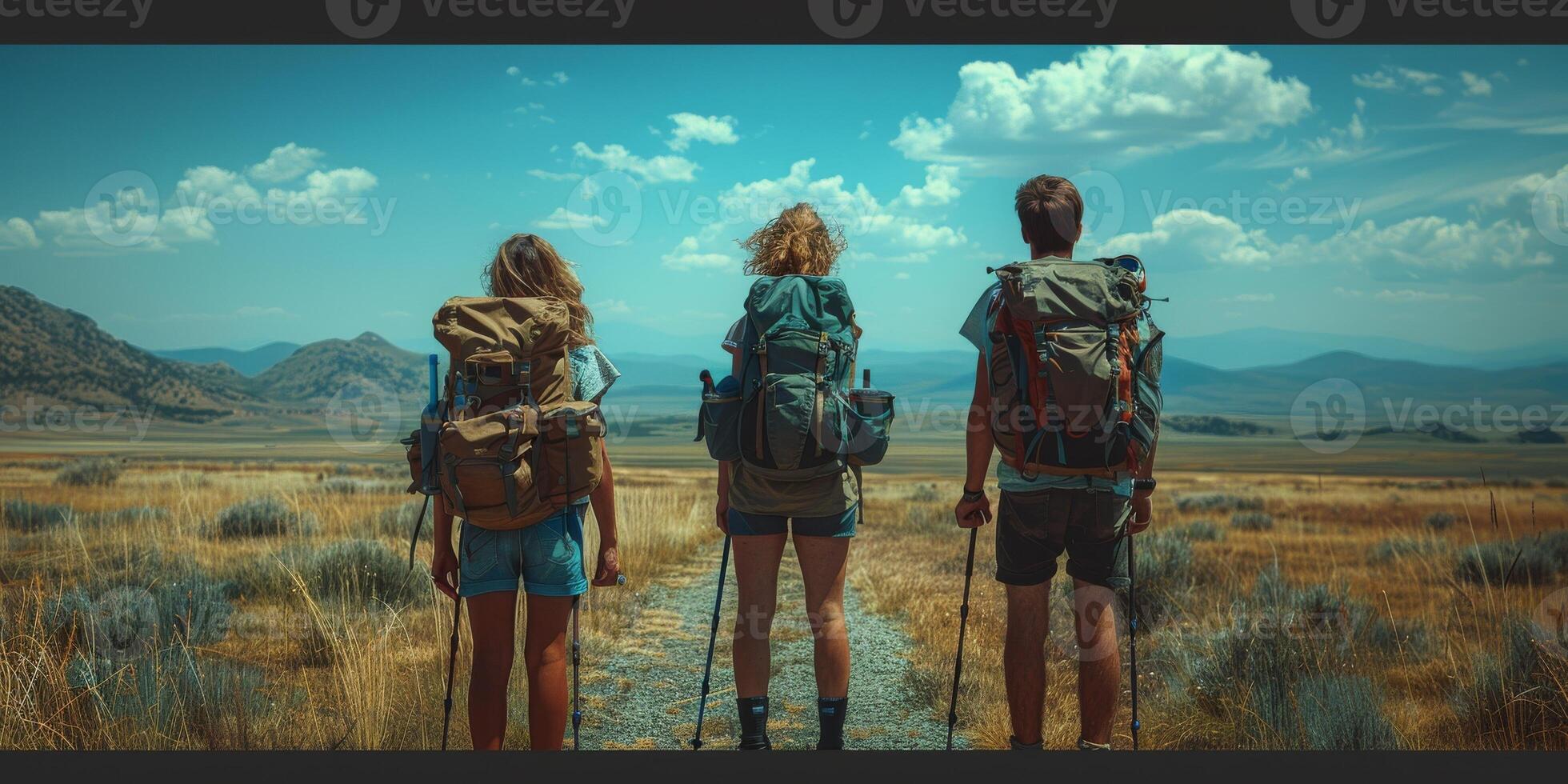 Three people with backpacks in a field, looking at mountains photo