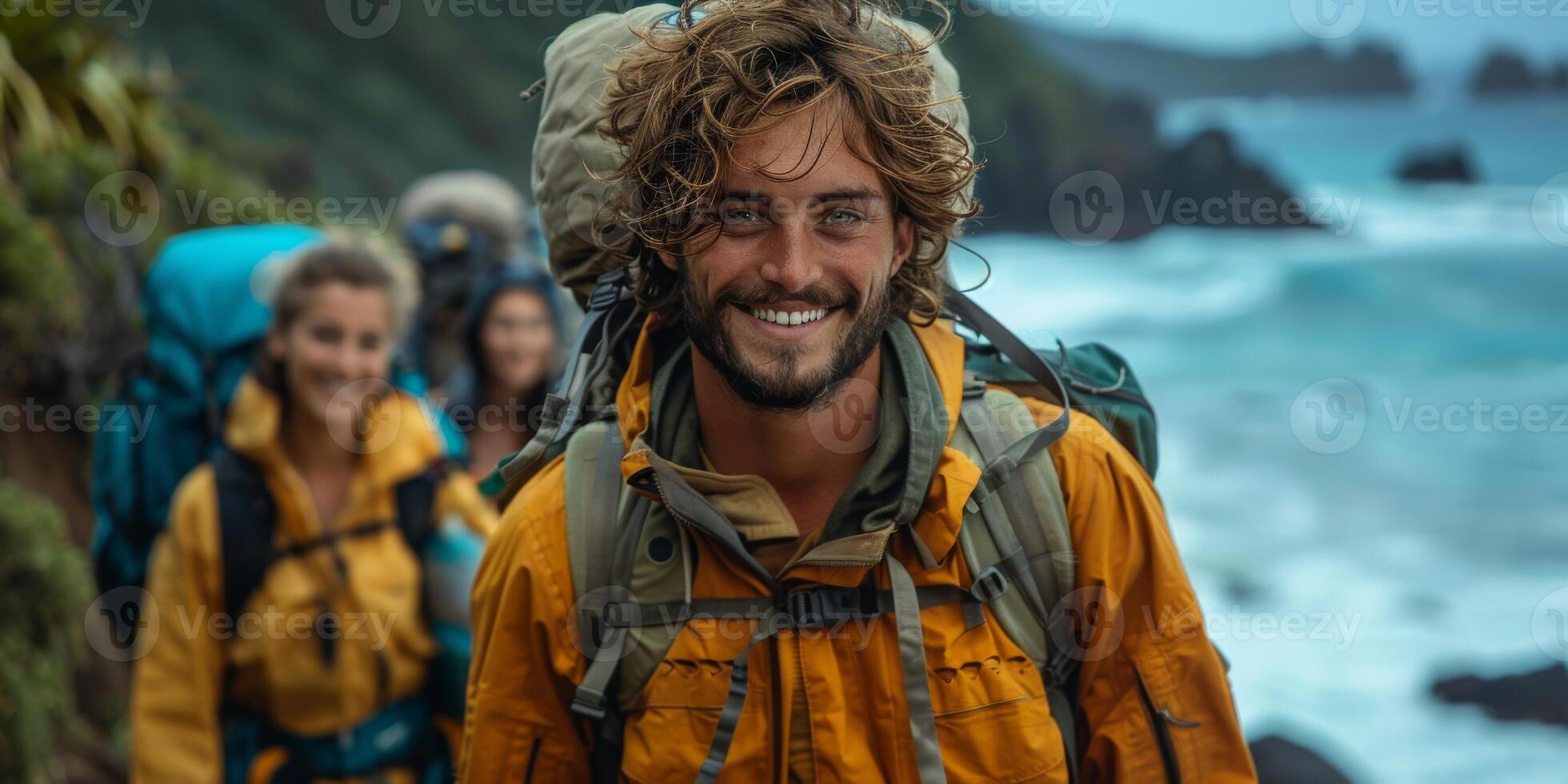 A man wearing a backpack happily poses in front of a crowd of people photo