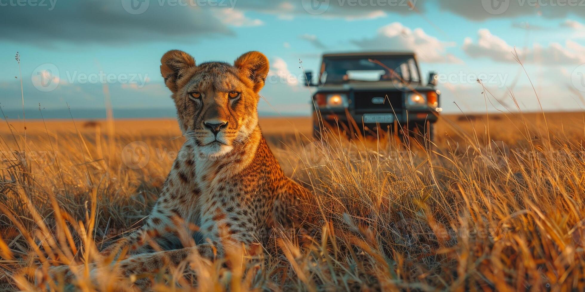 In front of a vehicle, a leopard rests on the grassland photo