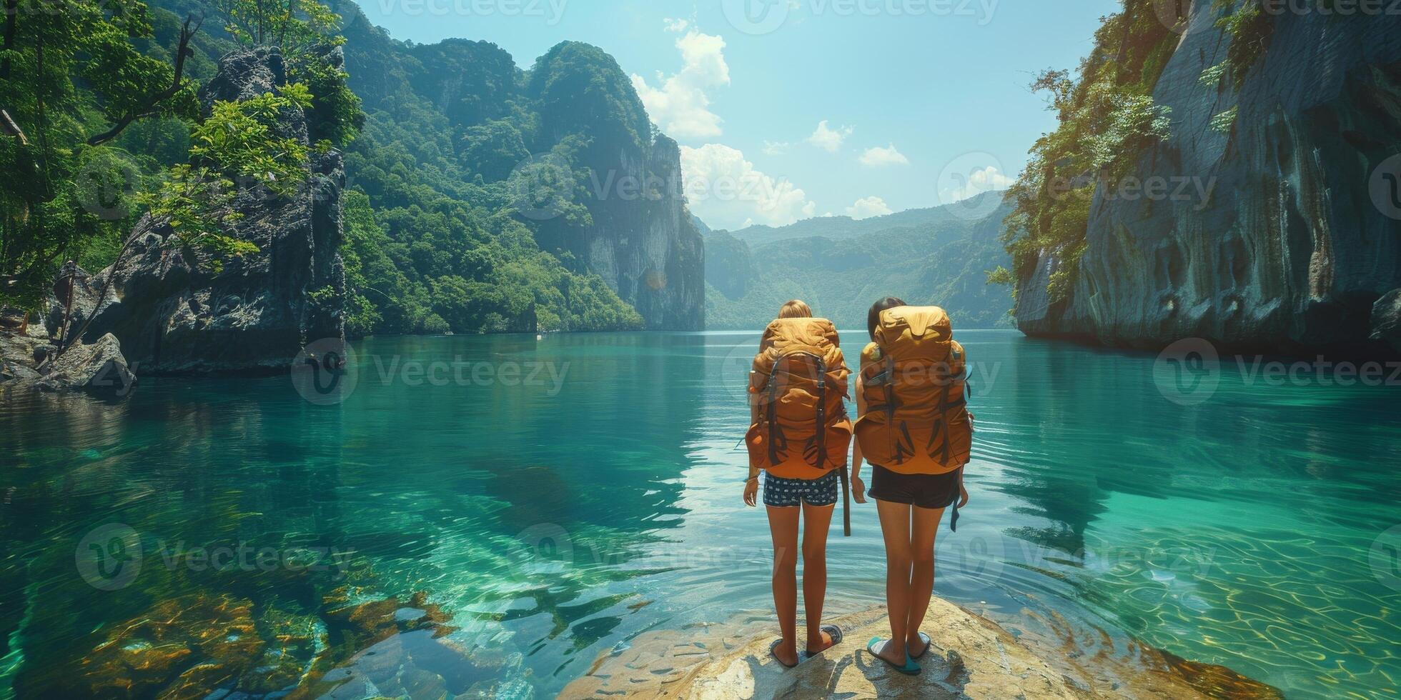 Two people wearing backpacks standing on a rock in the middle of a lake photo