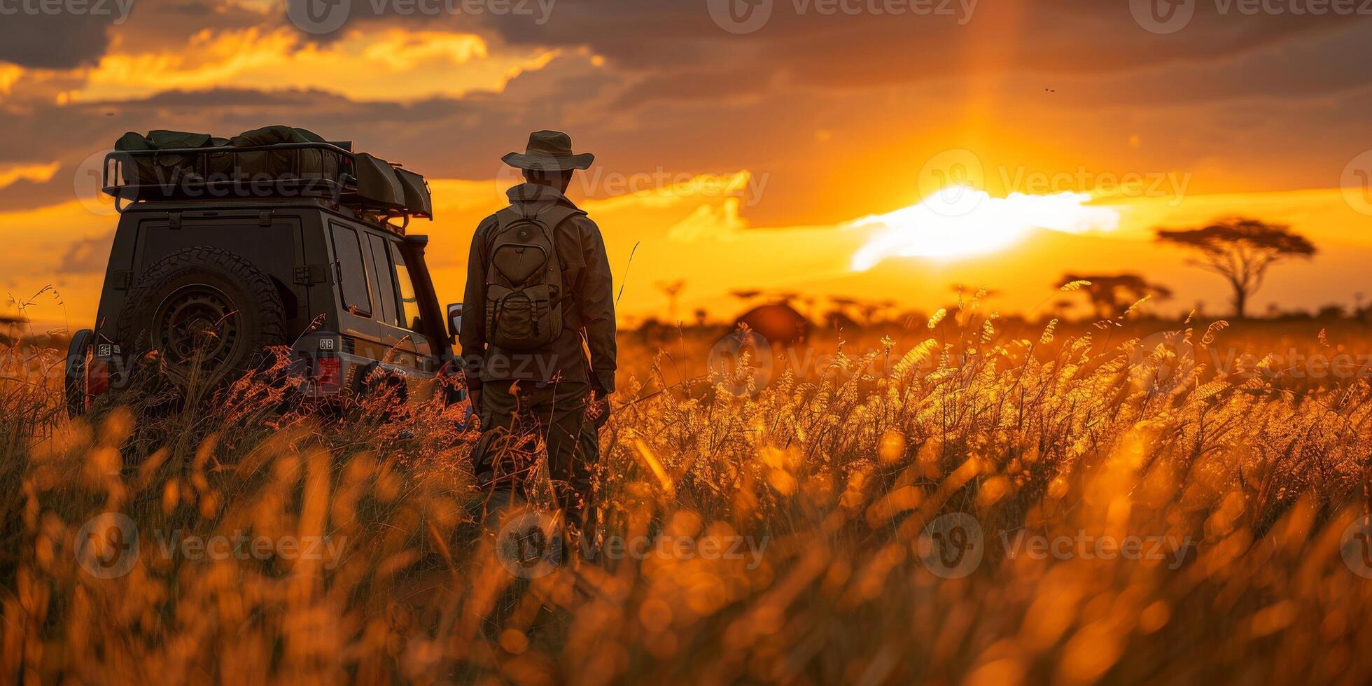 A man stands in a field by a jeep at sunset under the cloudy sky photo