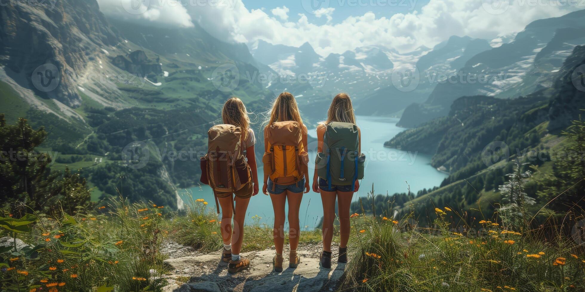 Three women with backpacks on mountain top looking at lake photo