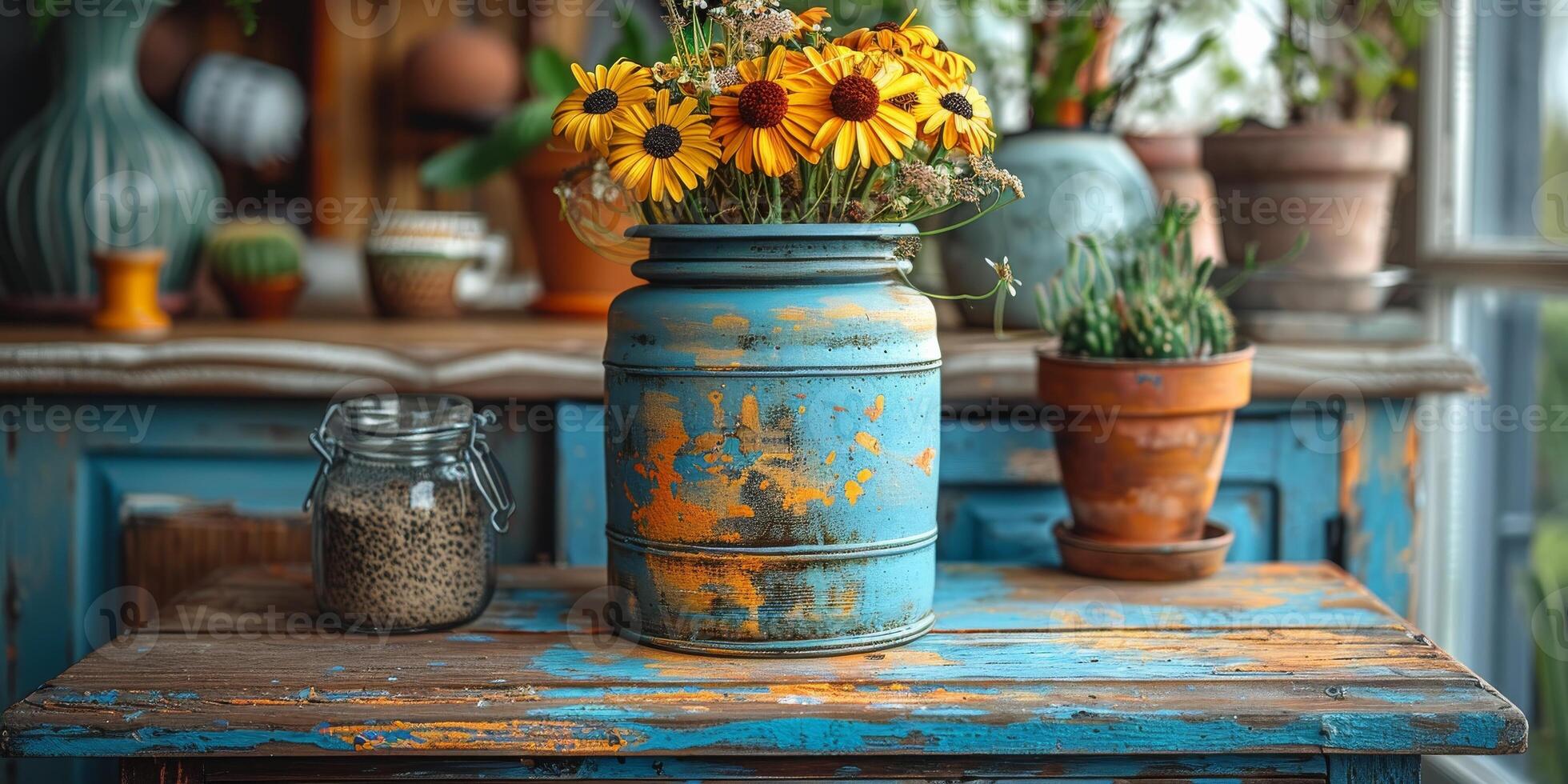 Yellow flowers in a vase beautify a wooden table, creating a lovely display photo