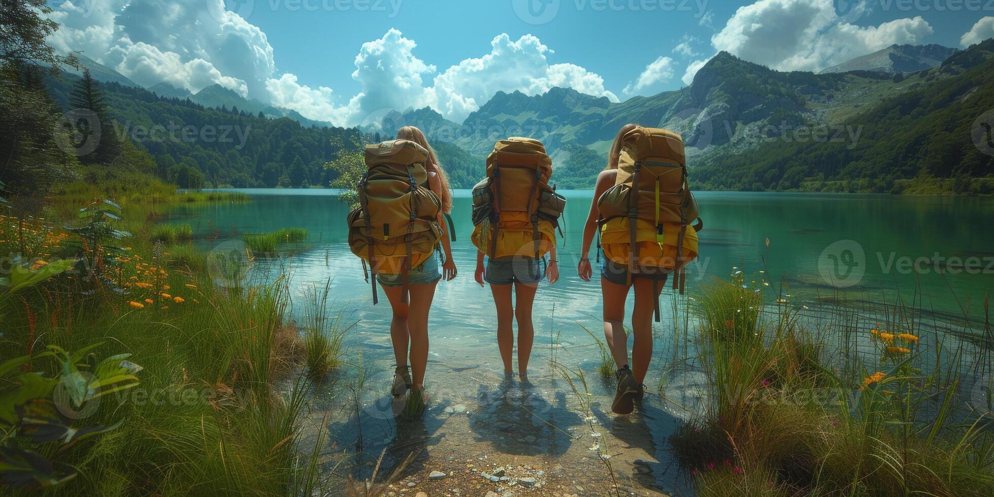 Three people with backpacks walking towards a mountain lake photo