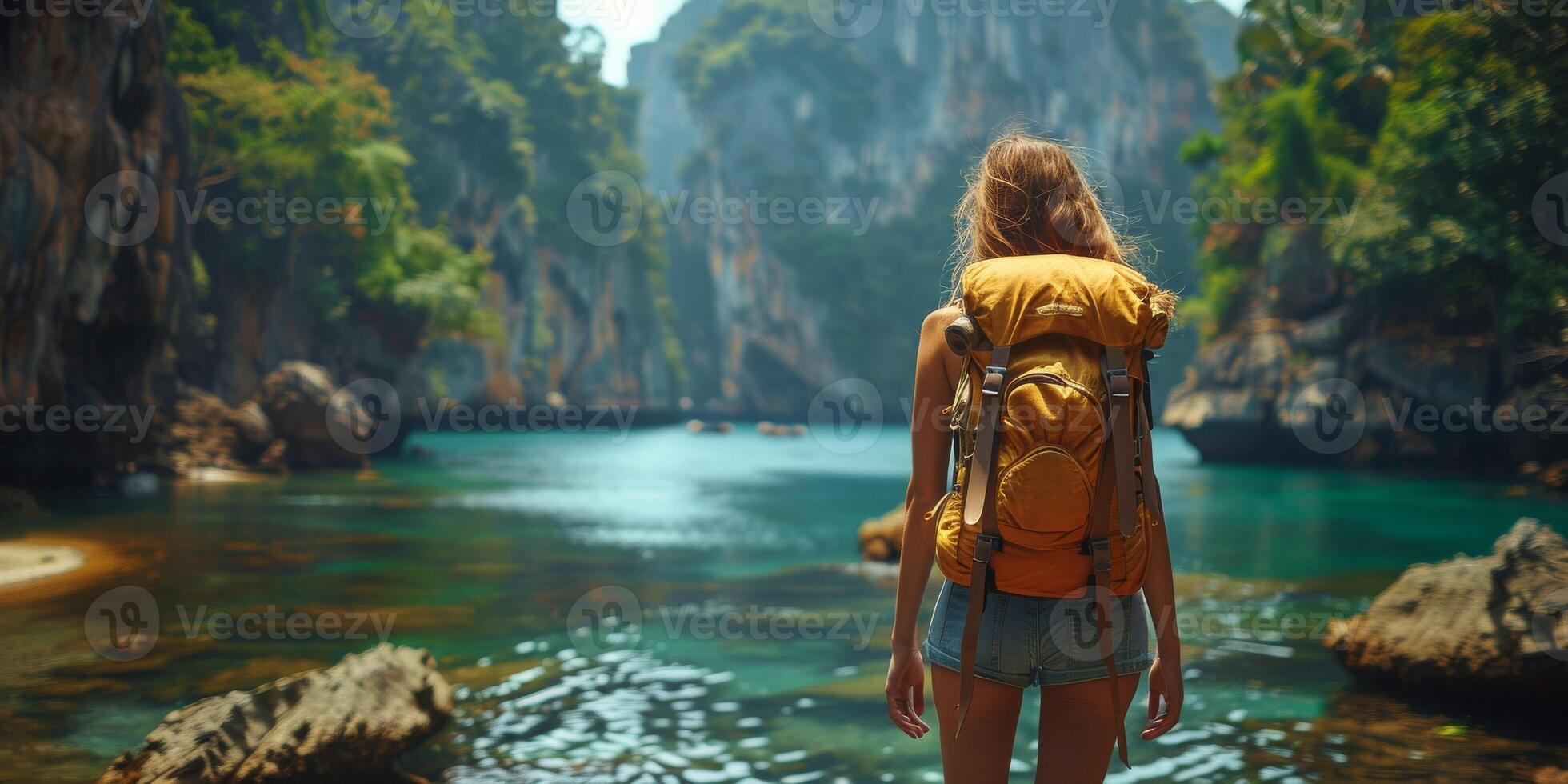 Woman with backpack near water, enjoying natural view photo