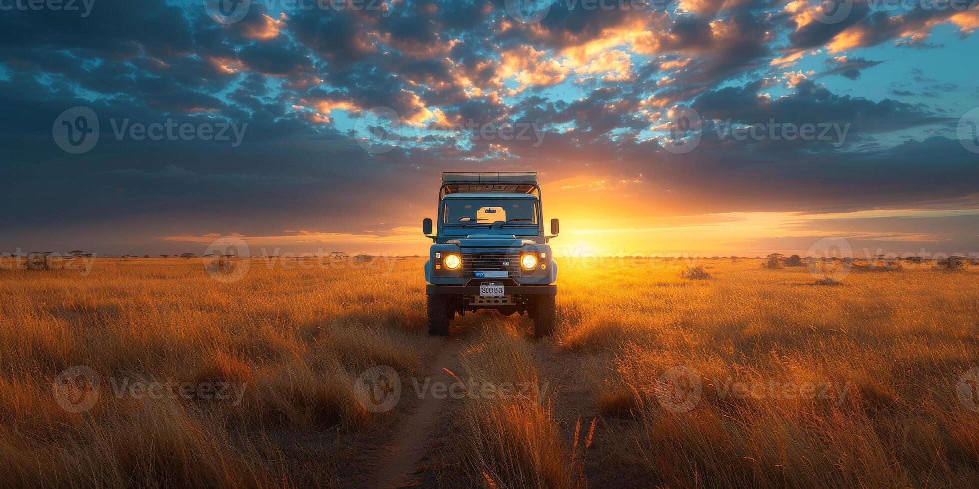 A jeep is driving through a field at sunset, under a colorful sky photo