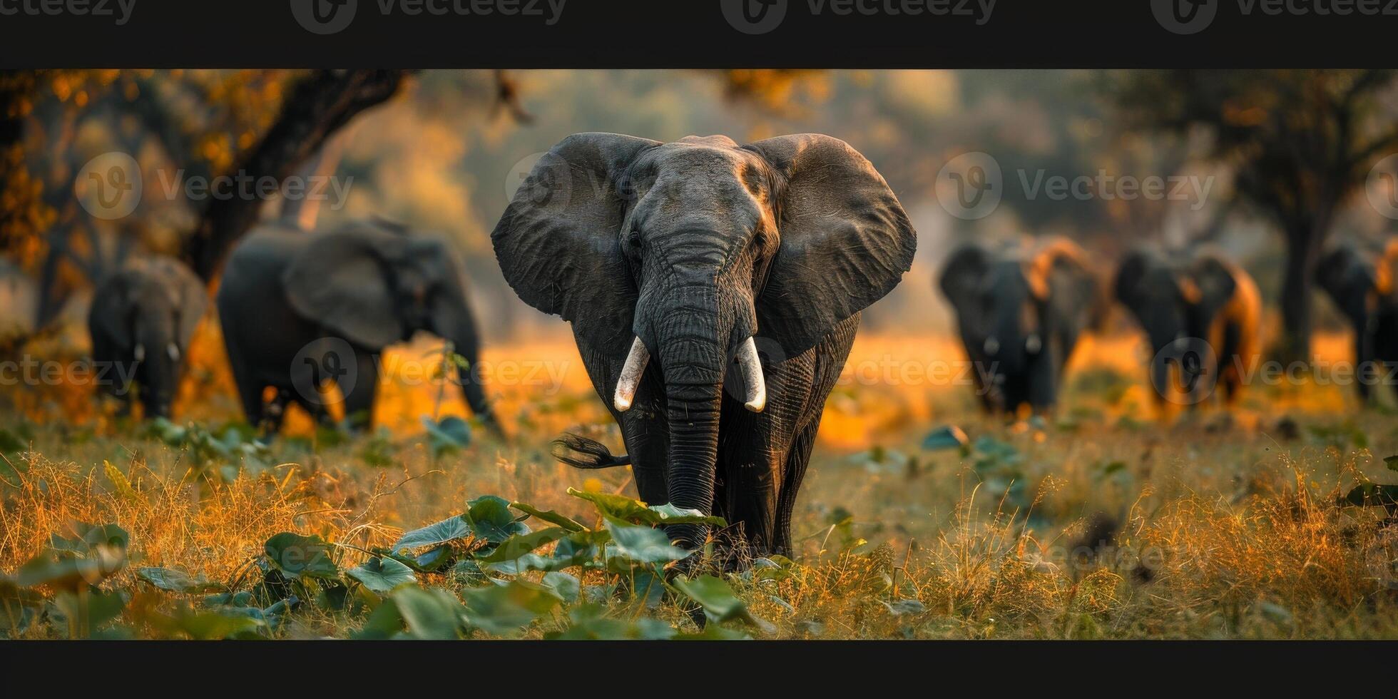 A herd of elephants gracefully navigate through the grassy field photo