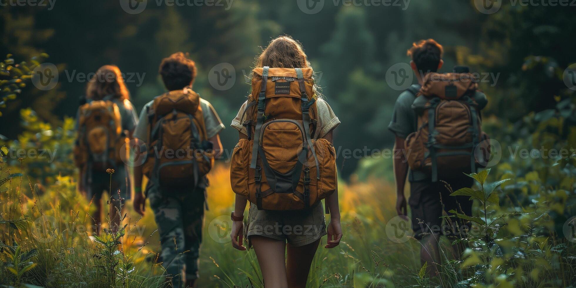 A diverse group of hikers is trekking through a challenging forest trail, carrying backpacks photo