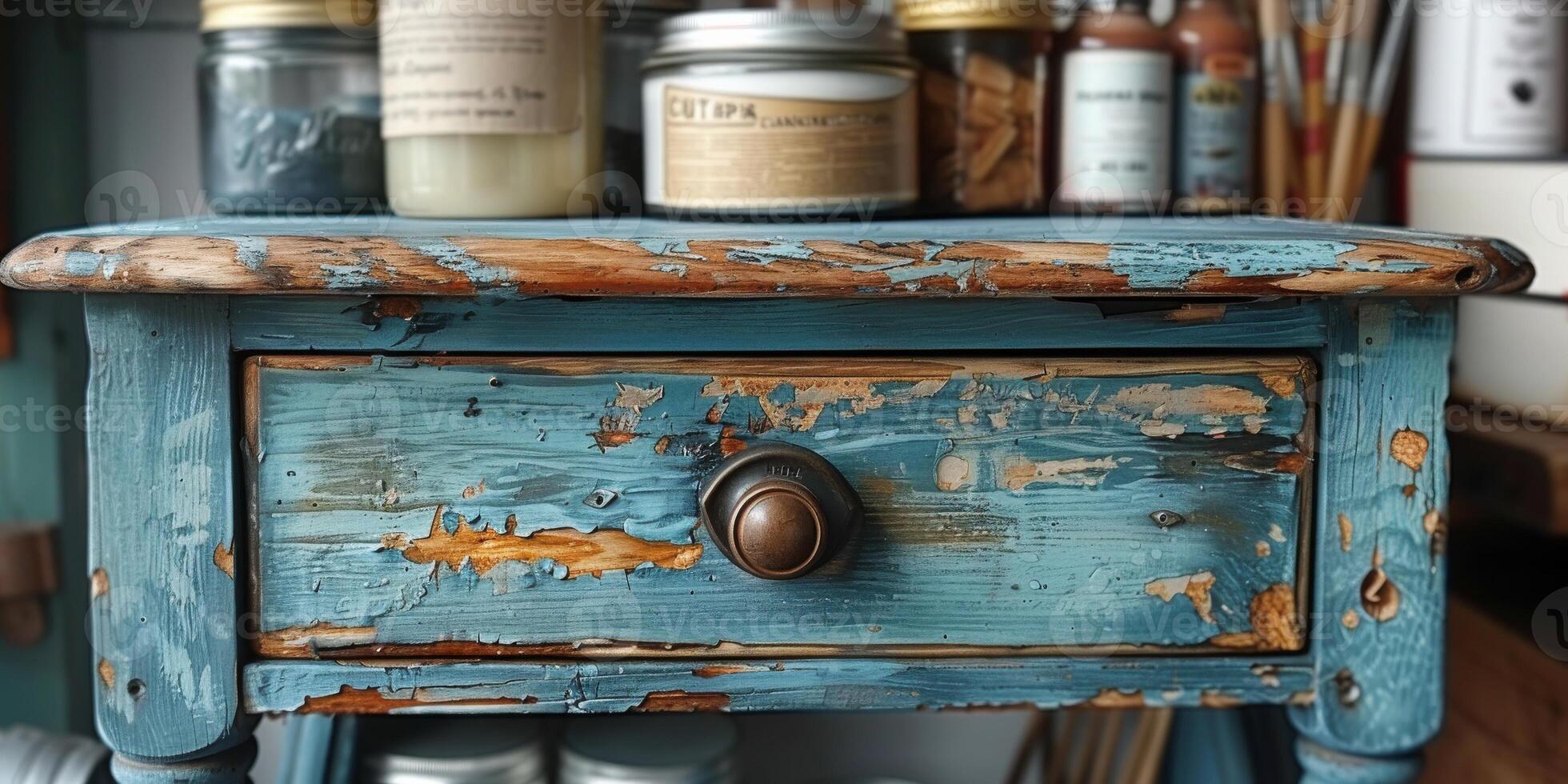The blue table has a drawer and paint jars sitting on top photo