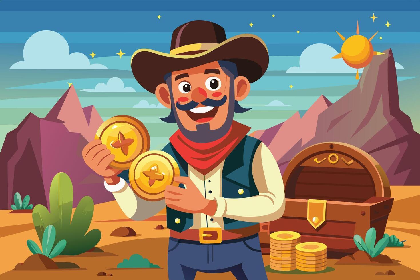 A cartoon cowboy in a desert landscape holds gold coins in his hand with a big smile on his face. vector