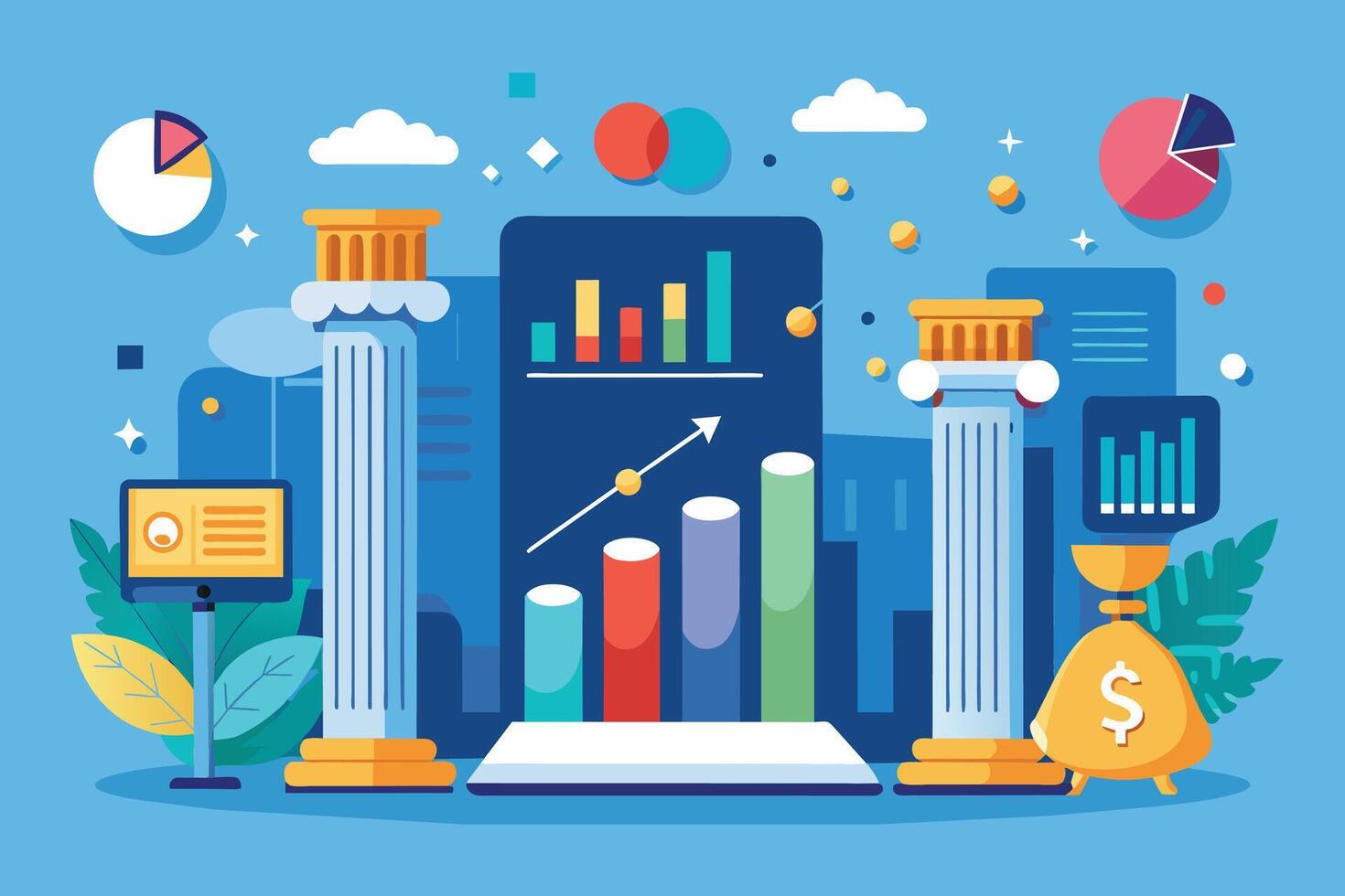 A colorful, modern illustration depicting business growth with stylized columns, financial charts, and a money bag. vector